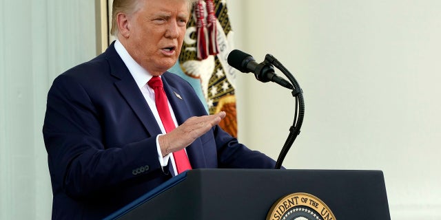 President Donald Trump speaks during a news conference on the North Portico of the White House, Monday, Sept. 7, 2020, in Washington. (AP Photo/Patrick Semansky)
