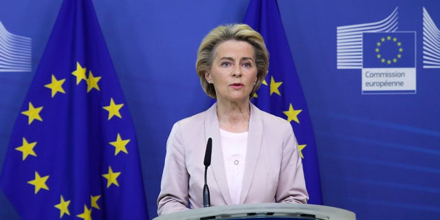 European Commission President Ursula von der Leyen speaks during a press statement at EU headquarters in Brussels, Tuesday, Sept. 8, 2020. The European Union's executive commission has proposed European Commission vice-president Valdis Dombrovskis to take over the post of EU trade commissioner following the resignation of Ireland's Phil Hogan. (Aris Oikonomou, Pool Photo via AP)