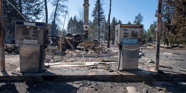 A service station that was destroyed by a wildfire is shown Tuesday, Sept. 8, 2020, in Malden, Wash.