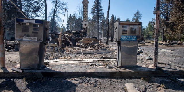 A service station that was destroyed by a wildfire is shown Tuesday, Sept. 8, 2020, in Malden, Wash.