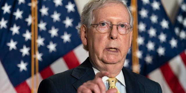 Senate Majority Leader Mitch McConnell of Ky., speaks after meeting with Senate Republicans, Wednesday, Sept. 9, 2020, on Capitol Hill in Washington. (Associated Press)