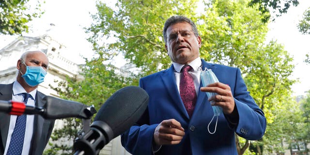 European Commission Vice President Maros Sefcovic addresses the media as he arrives at the Europa house in London, Thursday, Sept. 10, 2020.(AP Photo/Matt Dunham)