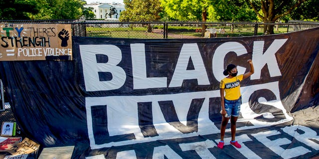 The White House is visible behind a woman who holds her fist up as she poses for a photograph with a large banner that reads Black Lives Matter hanging on a security fence in Washington, after days of protests over the death of George Floyd. 