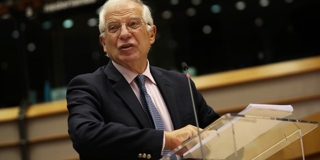 European Union foreign policy chief Josep Borrell addresses European lawmakers during a debate about the escalation of tensions between Greece and Turkey in the eastern Mediterranean, at the European Parliament in Brussels, Tuesday, Sept. 15, 2020. The dispute between the two nations over potential oil and gas reserves has triggered a military build-up in the eastern Mediterranean. (AP Photo/Francisco Seco, Pool)