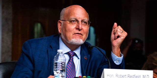 Dr Robert Redfield, director of the Centers for Disease Control and Prevention, highlighted his advocacy for in-person learning on Wednesday.  Here he is pictured testifying during a hearing with the Senate Appropriations Subcommittee on September 16, 2020 (Anna Moneymaker / New York Times, Pool via AP)