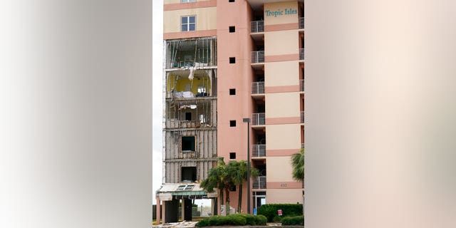 Tropic Isles condominiums are seen after Hurricane Sally moved through the area, Sept. 16, in Orange Beach, Ala. Hurricane Sally made landfall Wednesday near Gulf Shores, Alabama, as a Category 2 storm, pushing a surge of ocean water onto the coast and dumping torrential rain that forecasters said would cause dangerous flooding from the Florida Panhandle to Mississippi and well inland in the days ahead.(AP Photo/Gerald Herbert)