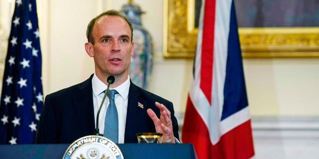 FILE: Then-British Foreign Secretary Dominic Raab speaks at a press conference with Secretary of State Mike Pompeo at the State Department, Wednesday, Sept. 16, 2020 in Washington. 