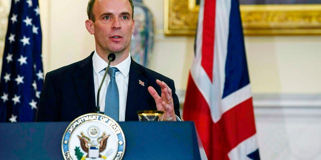 FILE: Then-British Foreign Secretary Dominic Raab speaks at a press conference with Secretary of State Mike Pompeo at the State Department, Wednesday, Sept. 16, 2020 in Washington. 