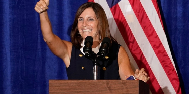 Sen. Martha McSally, R-Ariz., speaks at a Veterans for Trump campaign rally, Friday, Sept. 18, 2020, in Litchfield Park, Ariz. (AP Photo/Matt York)