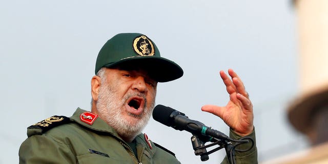 FILE: Chief of Iran's Revolutionary Guard Gen. Hossein Salami speaks at a pro-government rally, in Tehran, Iran.
