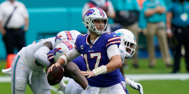 Buffalo Bills quarterback Josh Allen (17) looks to pass, during the second half of an NFL football game against the Miami Dolphins, Sunday, Sept. 20, 2020, in Miami Gardens, Fla. (AP Photo/Lynne Sladky)