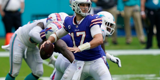 Buffalo Bills quarterback Josh Allen (17) looks to pass, during the second half of an NFL football game against the Miami Dolphins, Sunday, Sept. 20, 2020, in Miami Gardens, Fla. (AP Photo/Lynne Sladky)
