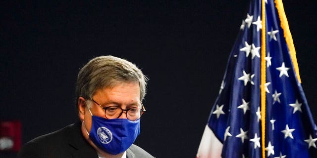 U.S. Attorney General William Barr arrives to speak with federal officials for a panel discussion on combatting human trafficking at the U.S. Attorney's Office on Monday, Sept. 21, 2020, in Atlanta. 