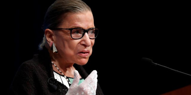 FILE - This Sept. 20, 2017, file photo shows Supreme Court Justice Ruth Bader Ginsburg speaking at the Georgetown University Law Center campus in Washington. 