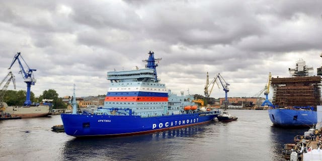 In this handout photo released by Russian State Atomic Energy Corporation Rosatom (ROSATOM), the new Russian nuclear icebreaker Arktika leaves a port in St. Petersburg, Russia, Sept. 22. The nuclear icebreaker named Arktika has left the port of St Petersburg with course towards Murmansk, on the north of Russia. According to the shipowner Rosatom, the Arktika should arrive in Murmansk in about two weeks. (ROSATOM via AP)