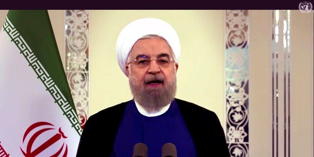 In this image made from UNTV video, Iranian President Hassan Rouhani speaks in a pre-recorded message which was played during the 75th session of the United Nations General Assembly, Tuesday, Sept. 22, 2020, at UN headquarters in New York. 