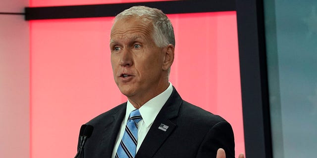 U.S. Sen. Thom Tillis, R-N.C. speaks during a televised debate with Democratic challenger Cal Cunningham at WNCN-TV in Raleigh, N.C., Tuesday, Sept. 22, 2020. (Associated Press)