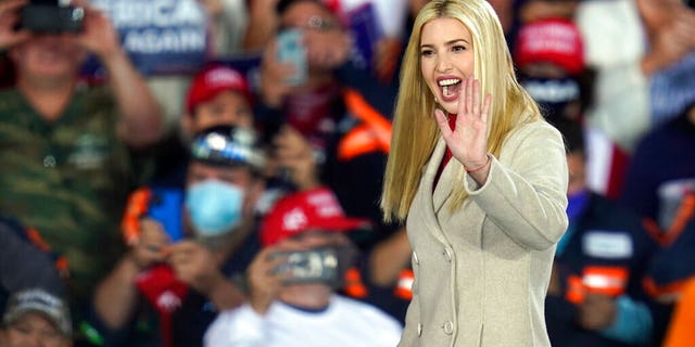 Ivanka Trump waves as President Donald Trump calls her onto stage at a campaign rally, Tuesday, Sept. 22, 2020, in Moon Township, Pa.