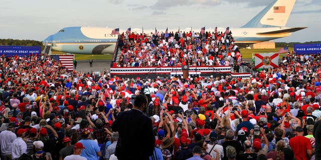 Air Force One stages behind a President Donald Trump campaign rally, Thursday, Sept. 24, 2020, in Jacksonville, Fla. (AP Photo/Stan Badz)