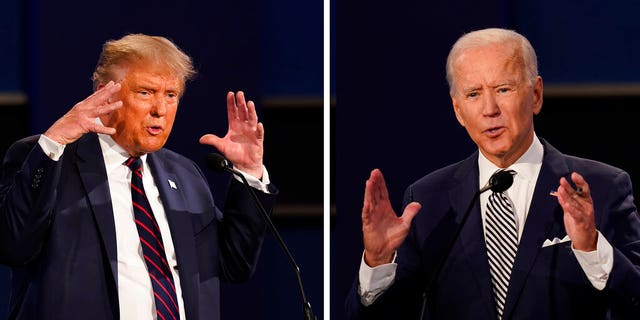 President Donald Trump, left, and former Vice President Joe Biden during the first presidential debate Tuesday, Sept. 29, 2020, at Case Western University and Cleveland Clinic in Cleveland, Ohio. (AP Photo/Patrick Semansky)