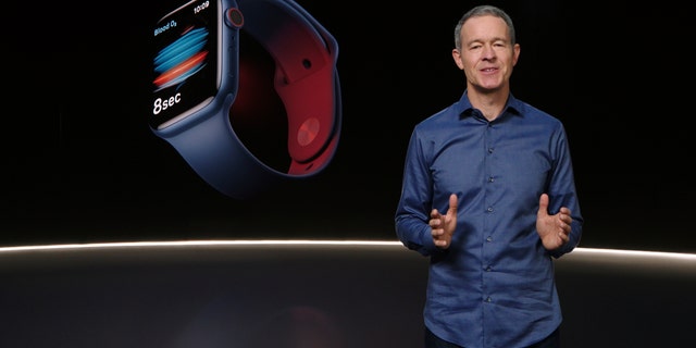 In this still image provided by Apple from the keynote video of a special event at Apple Park in Cupertino, Calif., Apple's Chief Operating Officer Jeff Williams unveils Apple Watch Series 6 on Tuesday, Sept. 15, 2020. 