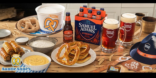 The Oktoberfest At Home Kit includes a six-pack of Samuel Adams beer, a DIY pretzel kit from Auntie Anne's, party hats and lederhosen suspenders. (PRNewsfoto/Auntie Anne's)