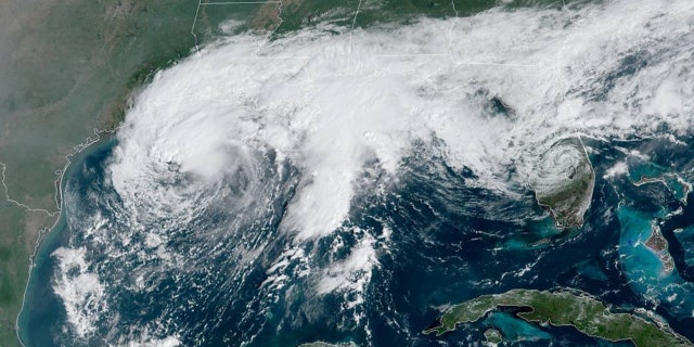 Tropical Storm Beta swirls over the Gulf of Mexico off the coast of Texas and Louisiana on Sept. 20, 2020.