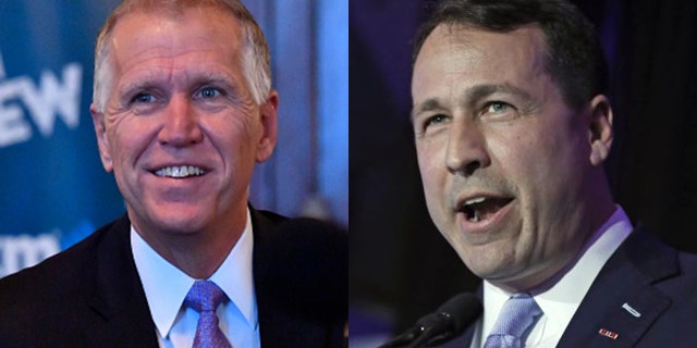 Incumbent U.S. 이것의. 톰 틸리 스, 공화당 원, 왼쪽, faces a challenge from Democrat Cal Cunningham.