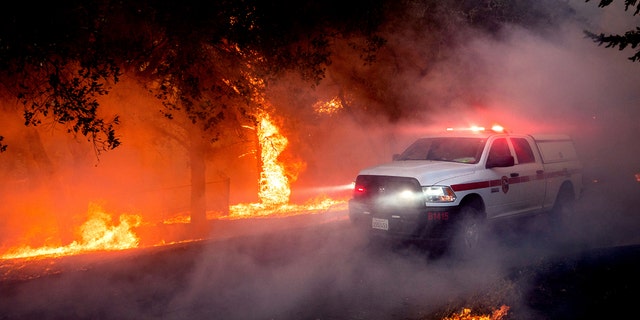 Flames from the Glass Fire lick up a tree in St. Helena, Calif., Sunday, Sept. 27, 2020.