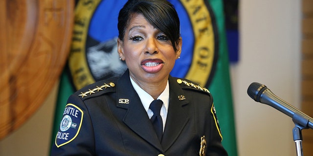 Seattle Police Chief Carmen Best announces her resignation at a press conference at Seattle City Hall on Aug. 11 in Seattle, Washington. Her departure comes after months of protests against police brutality and votes by the City Council to defund her department by 14%. (Photo by Karen Ducey/Getty Images)