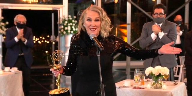 In this video grab captured on Sept. 20, 2020, courtesy of the Academy of Television Arts &amp; Sciences and ABC Entertainment, Catherine O'Hara accepts the award for outstanding lead actress in a comedy series for "Schitt's Creek" during the 72nd Emmy Awards broadcast. 