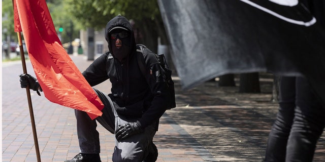 Anti-fascist protesters hold flags on the Christian Science Plaza, Saturday, July 11, 2020, in Boston. (AP Photo/Michael Dwyer)