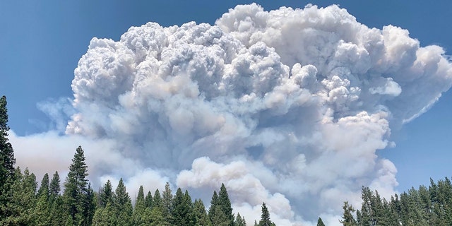 Towering smoke plumes from the Creek Fire can be seen on Saturday, Sept. 5, 2020.