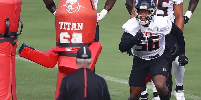 Atlanta Falcons defensive end Dante Fowler (56) runs a drill during NFL football training camp on Wednesday, Aug. 19, 2020, in Flowery Branch, Ga. (Curtis Compton/Atlanta Journal-Constitution via AP, Pool)