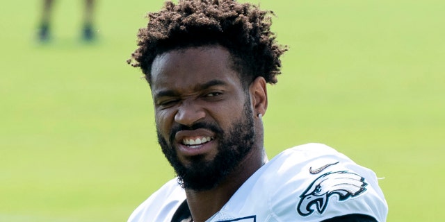 Philadelphia Eagles cornerback Darius Slay stretches during an NFL football practice, Thursday, Aug. 27, 2020, in Philadelphia. (AP Photo/Chris Szagola, Pool)