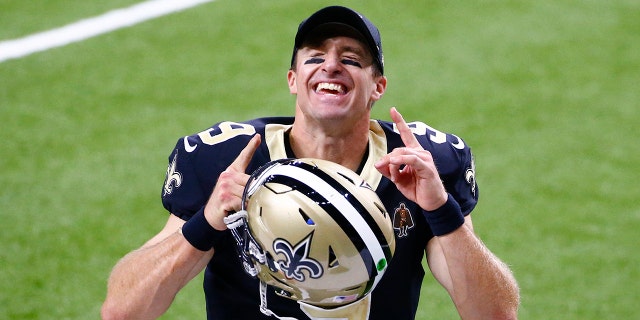 New Orleans Saints quarterback Drew Brees (9) reacts after an NFL football game against the Tampa Bay Buccaneers in New Orleans, Sunday, Sept. 13, 2020. The Saints won 34-23. (AP Photo/Butch Dill)