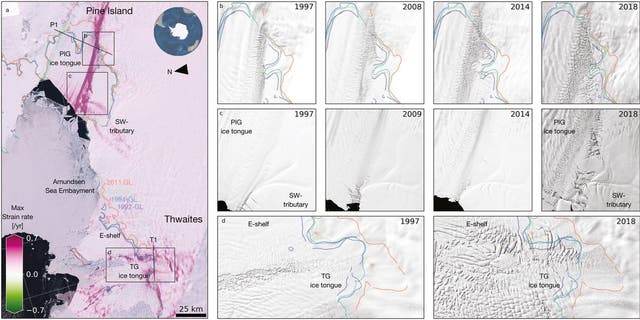 Damage evolution in Amundsen Sea Embayment. (Photo credit: PNAS research article, "Damage accelerates ice shelf instability and mass loss in Amundsen Sea Embayment")