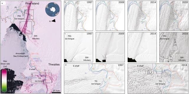 Damage evolution in Amundsen Sea Embayment. (Photo credit: PNAS research article, "Damage accelerates ice shelf instability and mass loss in Amundsen Sea Embayment")