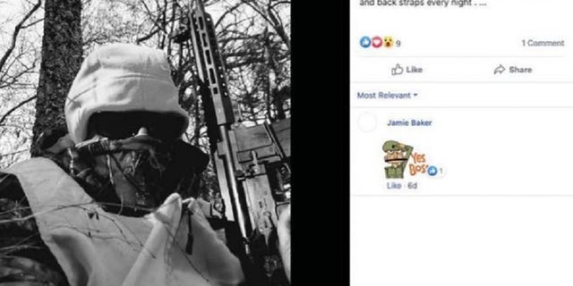 A Facebook screenshot shows Michael Karmo posing with a rifle, according to the Justice Department. Karmo and Cody Smith were arrested for illegal weapons possession. The pair drove from Missouri to Kenosha, Wis., and were found with weapons and ammunition Tuesday.