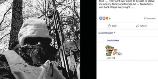 A Facebook screenshot shows Michael Karmo posing with a rifle, according to the Justice Department. Karmo and Cody Smith were arrested for illegal weapons possession. The pair drove from Missouri to Kenosha, Wis., and were found with weapons and ammunition Tuesday.