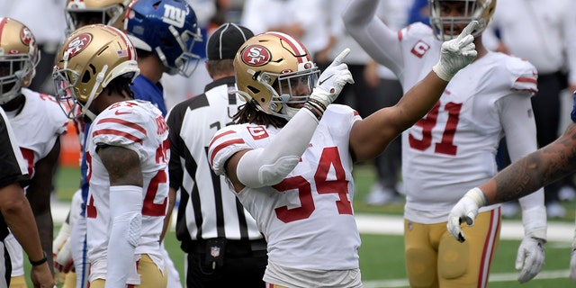 San Francisco 49ers' Fred Warner reacts during the second half of an NFL football game against the New York Giants, Sunday, Sept. 27, 2020, in East Rutherford, N.J. (AP Photo/Bill Kostroun)