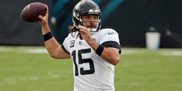 Jacksonville Jaguars quarterback Gardner Minshew (15) throws a pass against the Indianapolis Colts during the first half of an NFL football game, Sunday, Sept. 13, 2020, in Jacksonville, Fla. (AP Photo/Stephen B. Morton)