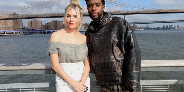 Sienna Miller (L) and Chadwick Boseman (R) starred together in the action thriller 2019 film '21 Bridges.' 