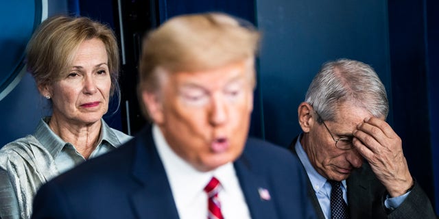 Drs. Deborah Birx and Anthony Fauci listen as President Donald Trump speaks during a briefing on the coronavirus pandemic at the White House, March 20, 2020. (Jabin Botsford/The Washington Post via Getty Images)