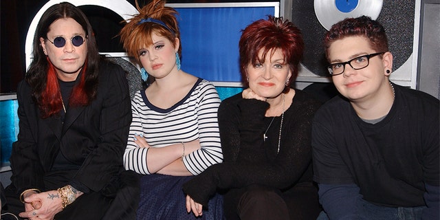 The Osbourne family backstage at TRL at the MTV Studios in New York City. (L to R) Ozzy Osbourne, Kelly, Sharon, and Jack.