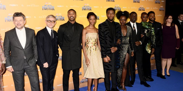 Andy Serkis, Martin Freeman, Michael B. Jordan, Letitia Wright, Chadwick Boseman, Lupita Nyong'o, Daniel Kaluuya, Danai Gurira, director Ryan Coogler and executive producer Victoria Alonso attend the European Premiere of 'Black Panther' at Eventim Apollo on Feb. 8, 2018, in London, England