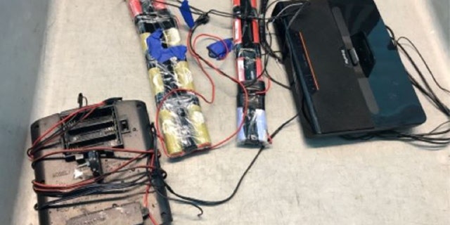 The device was constructed from a solar panel wired to batteries as a makeshift power source.