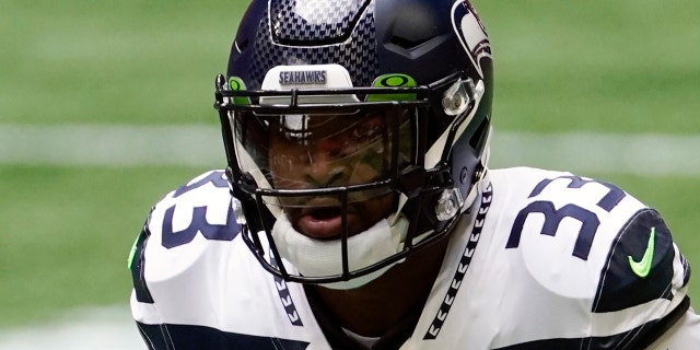 Seattle Seahawks strong safety Jamal Adams (33) works against the Atlanta Falcons during the first half Sept. 13, 2020, in Atlanta.