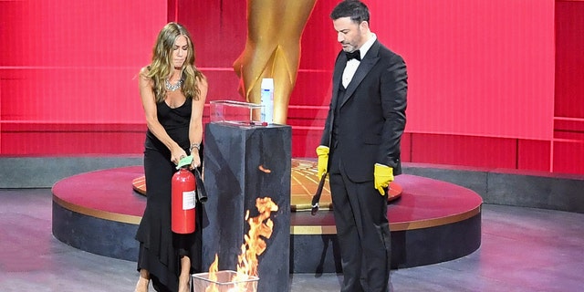 Jennifer Aniston, Jimmy Kimmel face fire scare on stage at 2020 Emmy Awards  | Fox News