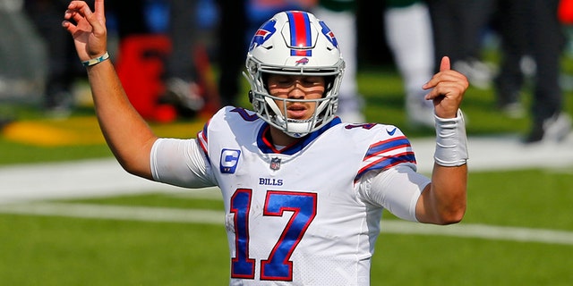 Buffalo Bills quarterback Josh Allen (17) calls a play during the second half of an NFL football game against the New York Jets in Orchard Park, N.Y., Sunday, Sept. 13, 2020. (AP Photo/Jeffrey T. Barnes)